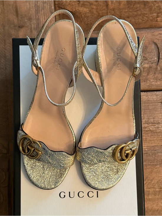 Gucci Shoes - Gucci Gold Textured Leather Slingback Sandals with Double GG